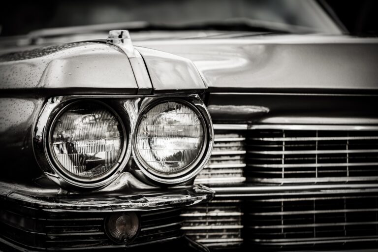 Close up detail of restored classic American car. golden era American cars