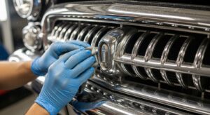A close-up of a vintage car’s chrome details being restored