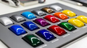 A color palette with automotive paint swatches showcasing a variety of car paint colors