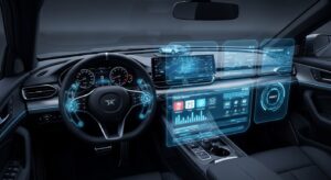 A detailed digital rendering of a futuristic car concept, showing its glowing accents and advanced technology interfaces