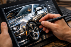A digital artist's hand using a stylus on a tablet to refine the chrome details of a sleek silver sports car, showcasing a hyper-realistic design