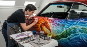 An artist applying custom paint to a classic car to reflect the owner's style