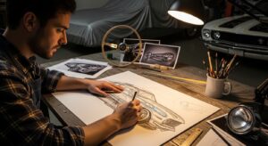 An artist sketching custom designs for a restored classic car