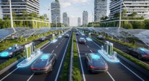 Futuristic city with electric cars charging at solar-powered stations