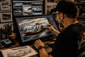 Artist creating motorsports automotive art on a digital tablet