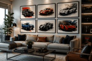Automotive art prints displayed in a modern home living room