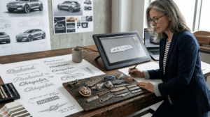 Automotive designer studying classic car lettering and badges