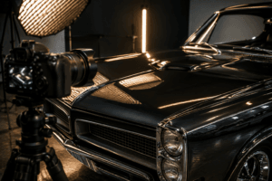 Automotive photographer capturing reflections on a classic car