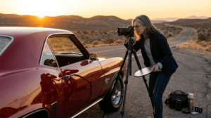 Photographer capturing a classic car in golden hour light