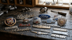 Vintage automobile badges and nameplates displaying classic lettering