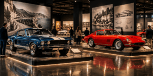 Classic cars displayed in a curated automotive museum exhibition