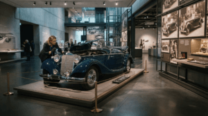Museum curator examining a classic automobile exhibition