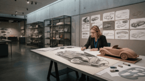 Vintage automotive design sketches on a drafting table